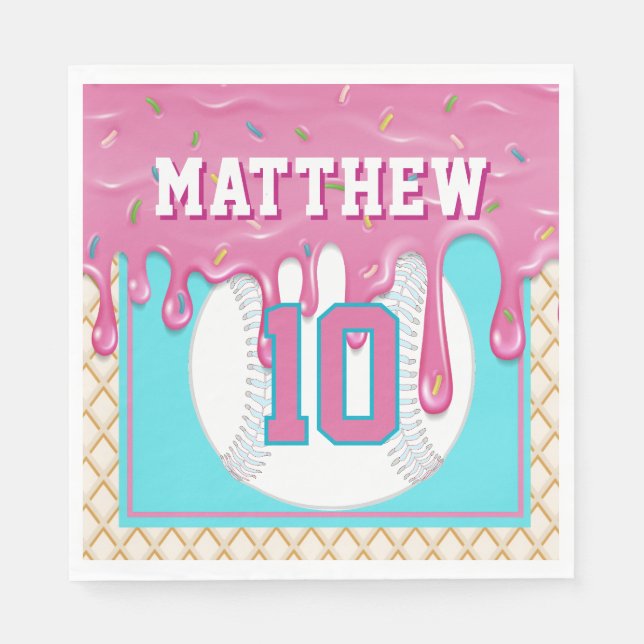 Pink & Turquoise Baseball Drip Birthday Party Napkins (Front)