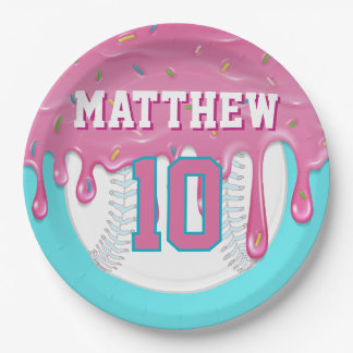 Pink & Turquoise Baseball Drip Birthday Party Paper Plates