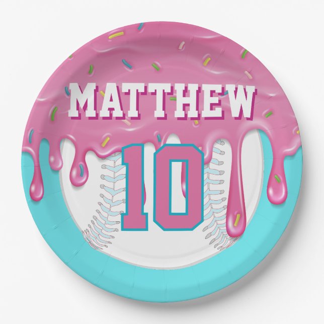 Pink & Turquoise Baseball Drip Birthday Party Paper Plates (Front)