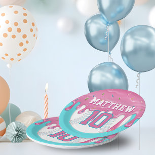 Pink & Turquoise Baseball Drip Birthday Party Paper Plates