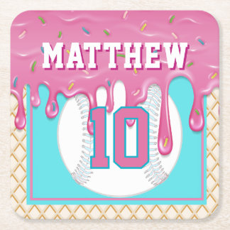 Pink & Turquoise Baseball Drip Birthday Party Square Paper Coaster