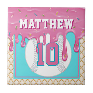 Pink & Turquoise Baseball Drip Ceramic Tile