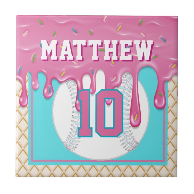 Pink & Turquoise Baseball Drip Ceramic Tile (Front)