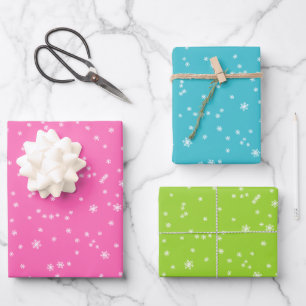 Pink, Turquoise Blue and Green Winter Snowflakes Wrapping Paper Sheets