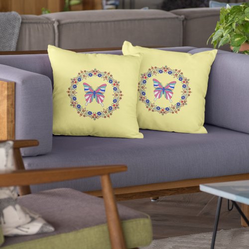Pink Turquoise Blue Butterfly Flower Mandala Outdoor Pillow