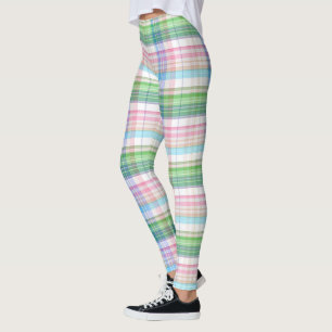 Pink Turquoise Blue Lime Green Plaid Tartan Check Leggings