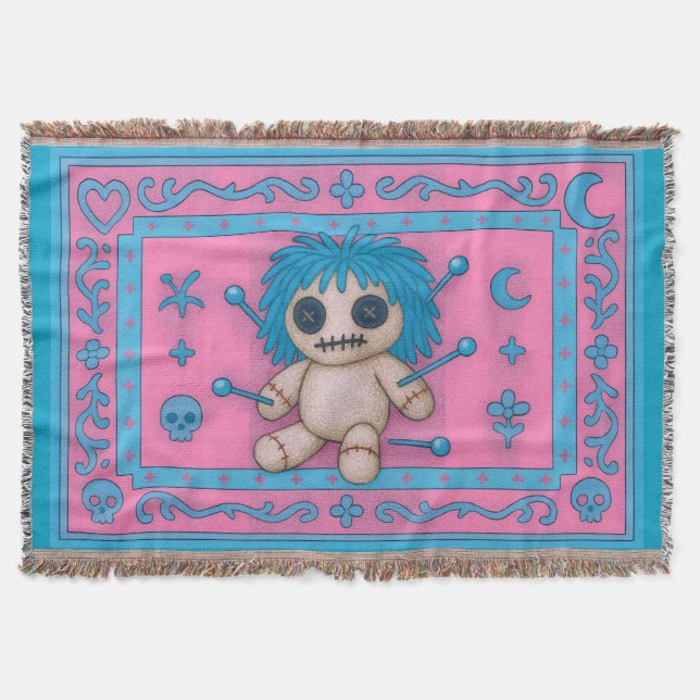 Pink + Turquoise Blue Voodoo Doll Throw Blanket (Front)