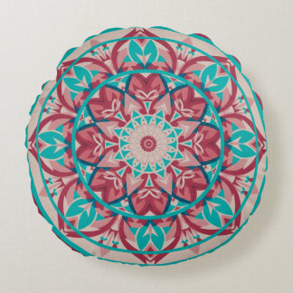 Pink & Turquoise Boho Mandala Round Pillow