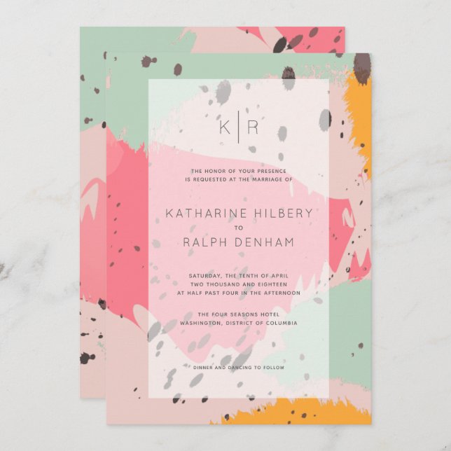Pink Turquoise Brush Strokes Wedding Invitation (Front/Back)