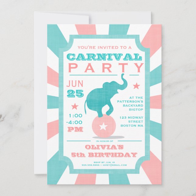 Pink | Turquoise Carnival Party Big Top Birthday Invitation (Front)