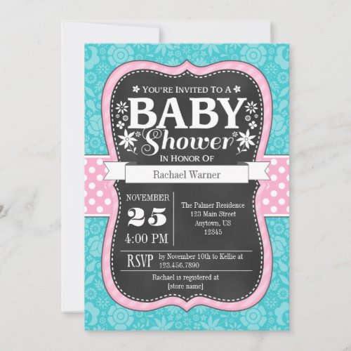 Pink Turquoise Chalkboard Floral Baby Shower Invitation