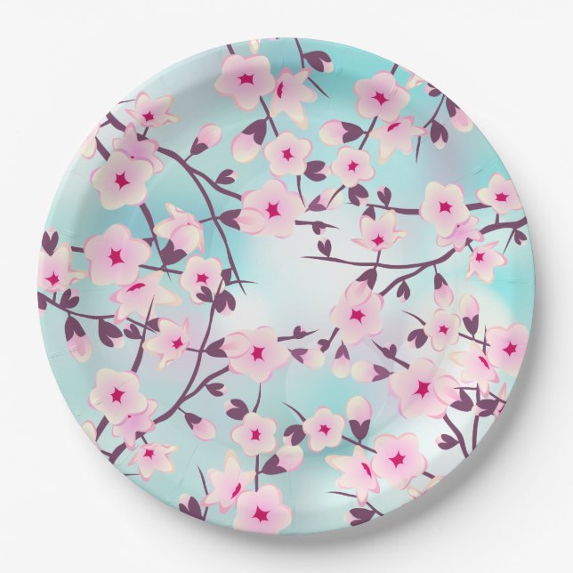 Pink Turquoise  Cherry Blossoms Paper Plates (Front)