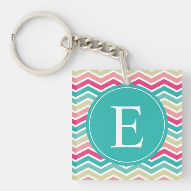 Pink Turquoise Chevron Monogram Keychain (Front)