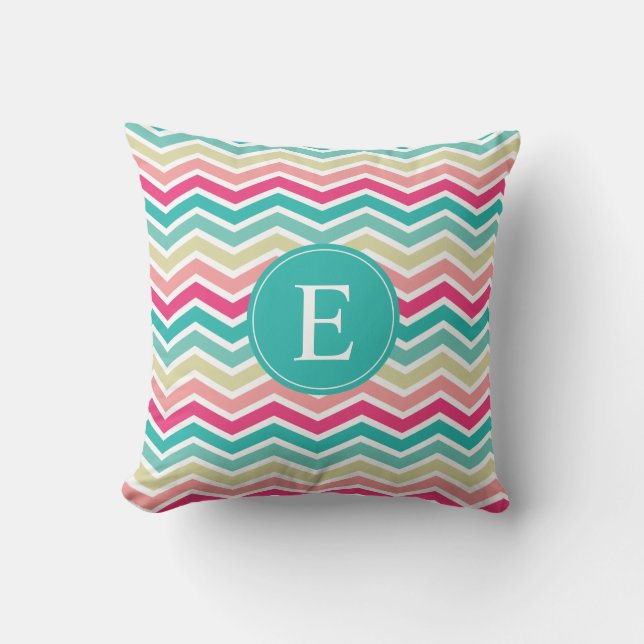 Pink Turquoise Chevron Monogram Throw Pillow (Front)