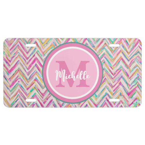 Pink  Turquoise Chevron Monogram with Script Name License Plate