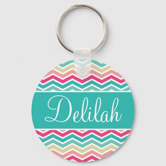 Pink Turquoise Chevron Name Keychain (Front)