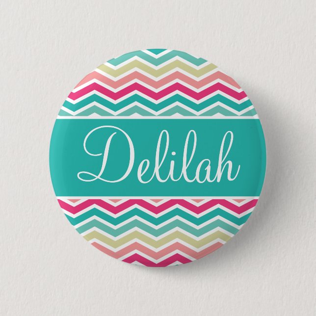 Pink Turquoise Chevron Name Pinback Button (Front)