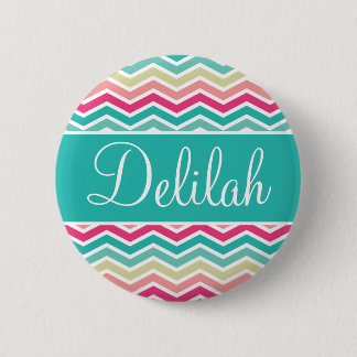 Pink Turquoise Chevron Name Pinback Button