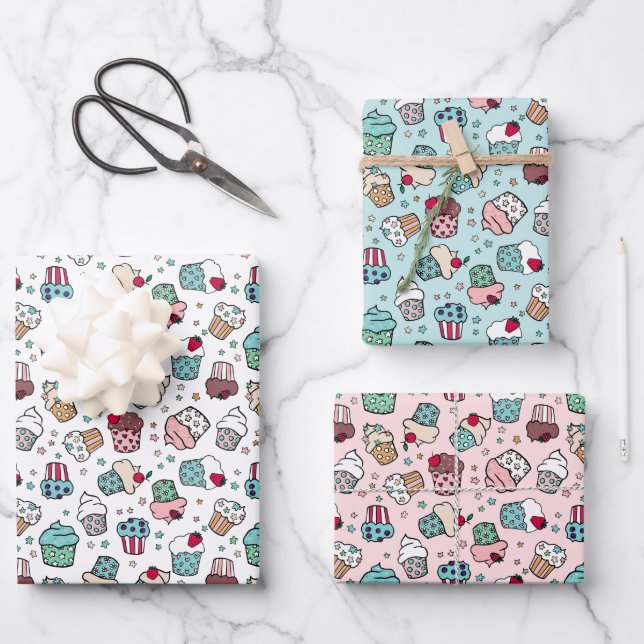 Pink Turquoise Cute Cupcake Patterns Wrapping Paper Sheets (Front)