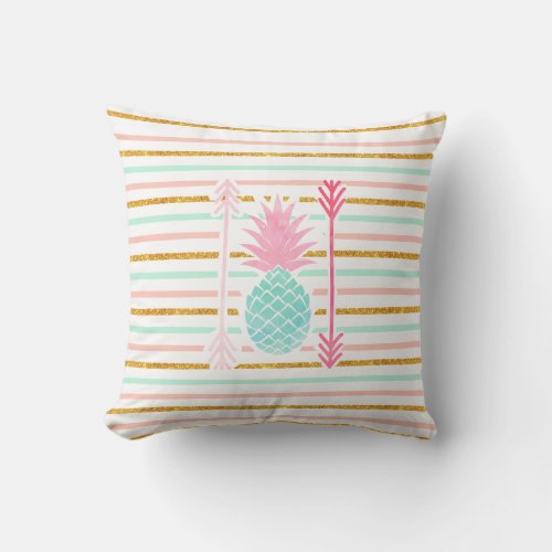 Pink Turquoise Exotic Pineapple Stripes Arrows Throw Pillow