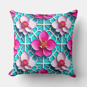 Pink Turquoise Floral Geometric Flower Throw Pillow