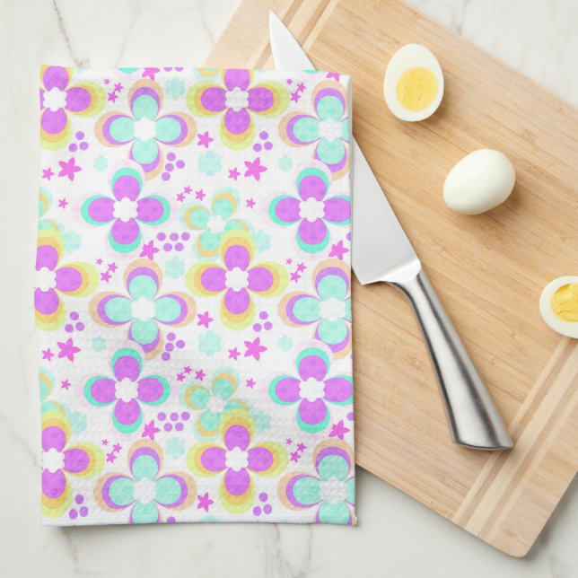 Pink, turquoise, floral kitchen towel (Quarter Fold)