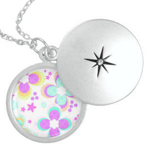 Pink, turquoise, floral locket necklace