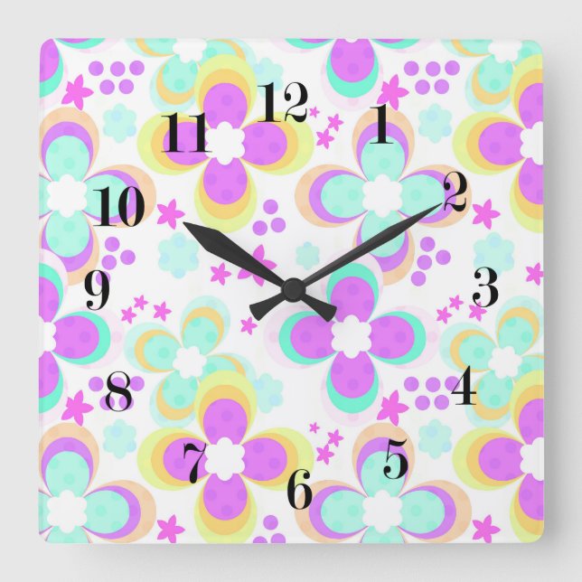 Pink, turquoise, floral square wall clock (Front)