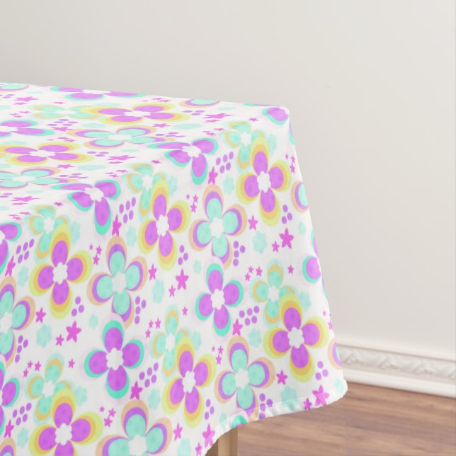 Pink, turquoise, floral tablecloth (In Situ)