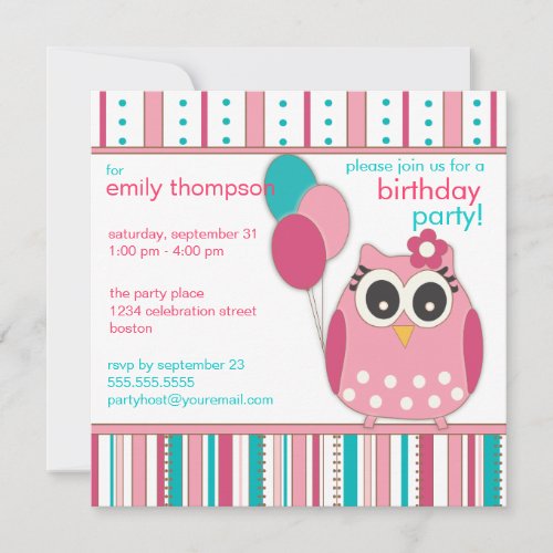 Pink Turquoise Girly Owl Birthday Party Invitation
