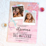 Pink Turquoise Glitter Bat Mitzvah Photo Invitation<br><div class="desc">Scrapbook style Bat Mitzvah invitation with a distressed pink handmade paper look. Cute square photos with glittery scrapbook tape and star of David artwork on crumpled paper is a beautiful vintage look for your birthday celebration. Photo captions can be changed to any beautiful wording you choose. Easily upload your photos...</div>