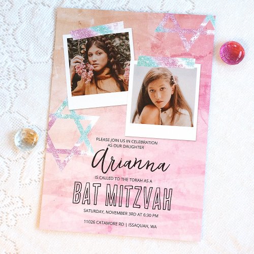Pink Turquoise Glitter Bat Mitzvah Photo Invitation