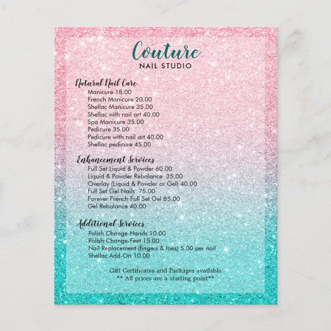 Pink & Turquoise Glitter Ombre Nails Menu List Flyer (Front)