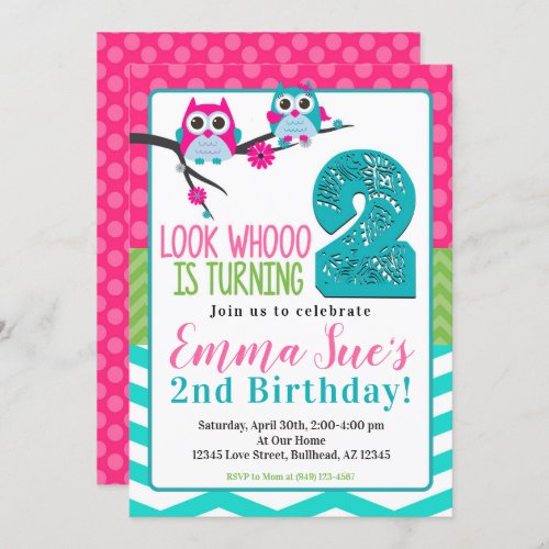 Pink Turquoise  Green Summer Owl 2nd Birthday Invitation