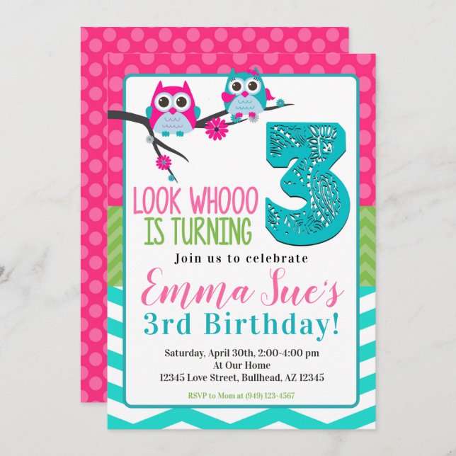Pink Turquoise & Green Summer Owl 3rd Birthday Invitation (Front/Back)