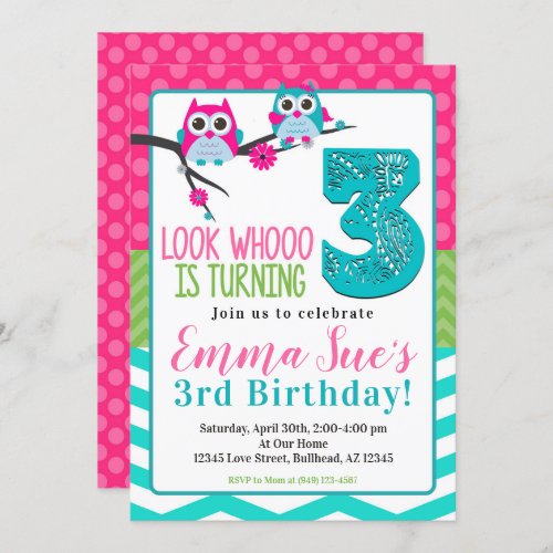 Pink Turquoise  Green Summer Owl 3rd Birthday Invitation