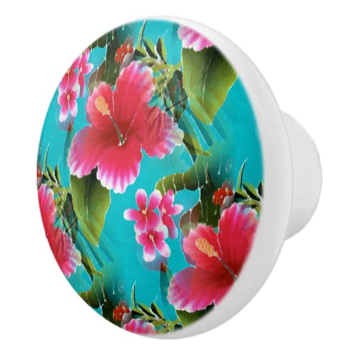 Pink Turquoise Hawaiian Hibiscus Flowers Pattern Ceramic Knob