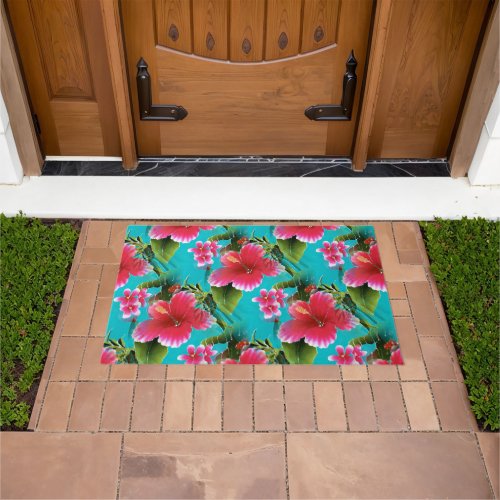 Pink Turquoise Hawaiian Hibiscus Flowers Pattern Doormat