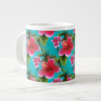 Pink Turquoise Hawaiian Hibiscus Flowers Pattern Large Coffee Mug