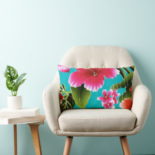 Pink Turquoise Hawaiian Hibiscus Flowers Pattern Lumbar Pillow