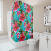 Pink Turquoise Hawaiian Hibiscus Flowers Pattern Shower Curtain