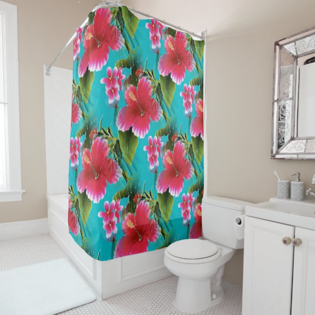 Pink Turquoise Hawaiian Hibiscus Flowers Pattern Shower Curtain (In Situ)