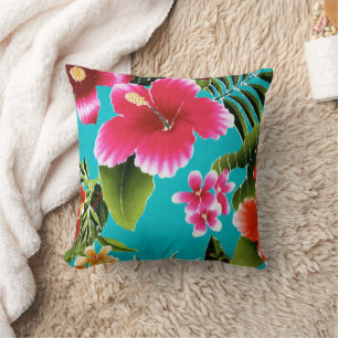 Pink Turquoise Hawaiian Hibiscus Flowers Pattern Throw Pillow