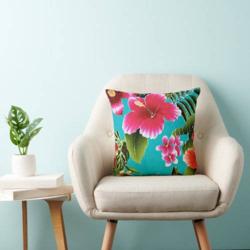 Pink Turquoise Hawaiian Hibiscus Flowers Pattern Throw Pillow