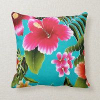 Pink Turquoise Hawaiian Hibiscus Flowers Pattern Throw Pillow