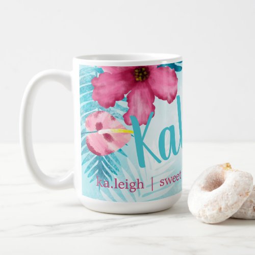 Pink Turquoise Hibiscus Personalized Coffee Mug