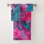 Pink Turquoise Marble Pour Painting Paint Art Bath Towel Set