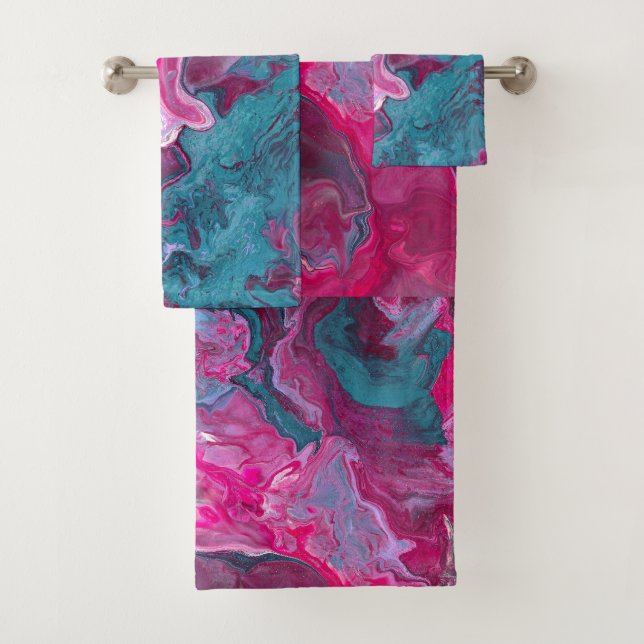 Pink Turquoise Marble Pour Painting Paint Art Bath Towel Set (Insitu)
