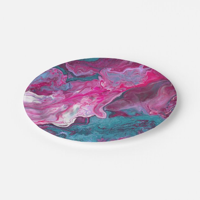Pink Turquoise Marble Pour Painting Paint Art Paper Plates (Angled)