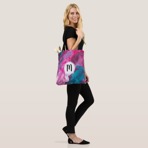 Pink Turquoise Marble Pour Painting Paint Monogram Tote Bag